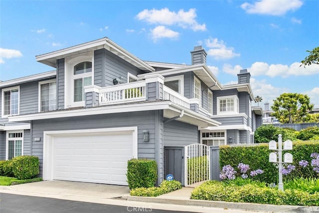 3510 Lilac Ave Unit 13, Corona Del Mar, CA 92625 - view of front facade with a chimney, a balcony, an attached garage, a gate, and concrete driveway
