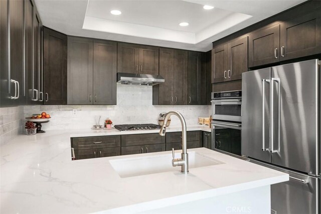 3510 Lilac Ave Unit 13, Corona Del Mar, CA 92625 - kitchen with stainless steel appliances, a raised ceiling, dark brown cabinets, decorative backsplash, and recessed lighting