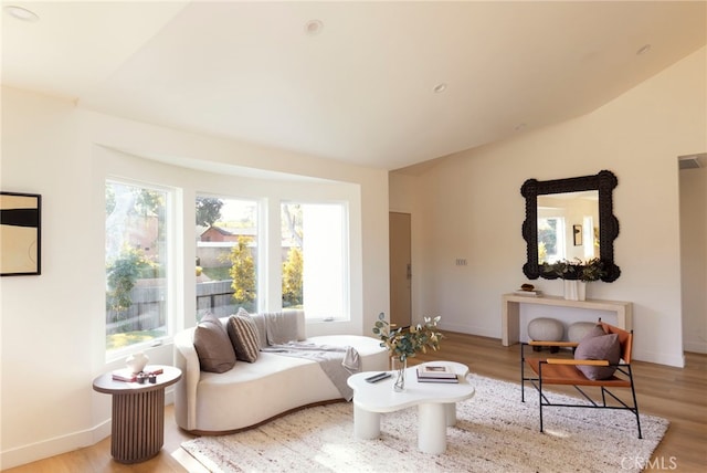 3554 S Sycamore Ave, Los Angeles, CA 90016 - living area with wood finished floors, baseboards, and vaulted ceiling