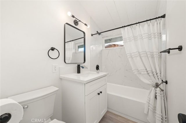 12340 Dune St, Norwalk, CA 90650 - full bath with toilet, vanity, shower / tub combo with curtain, and wood finished floors