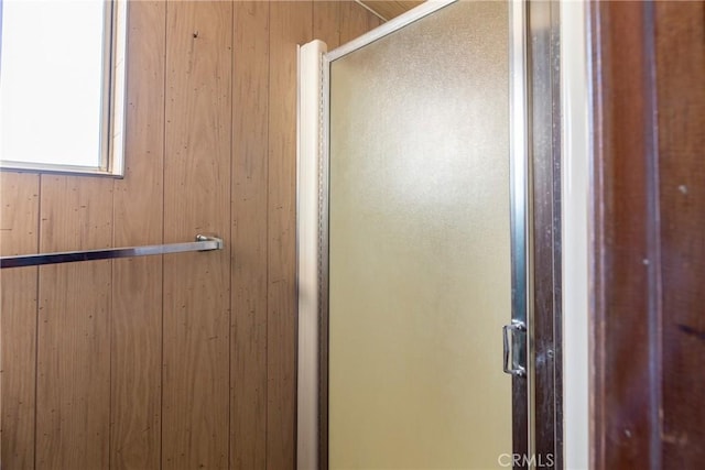 4899 Glenwood Dr, Riverside, CA 92501 - full bath with a shower stall and wood walls