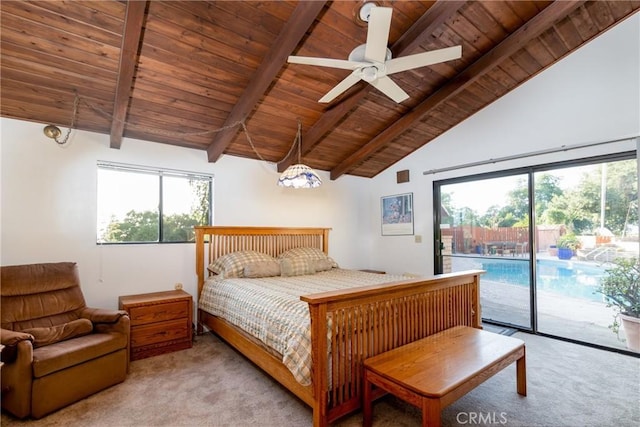 4899 Glenwood Dr, Riverside, CA 92501 - carpeted bedroom with wood ceiling with exposed beams, access to outside, high vaulted ceiling, and ceiling fan