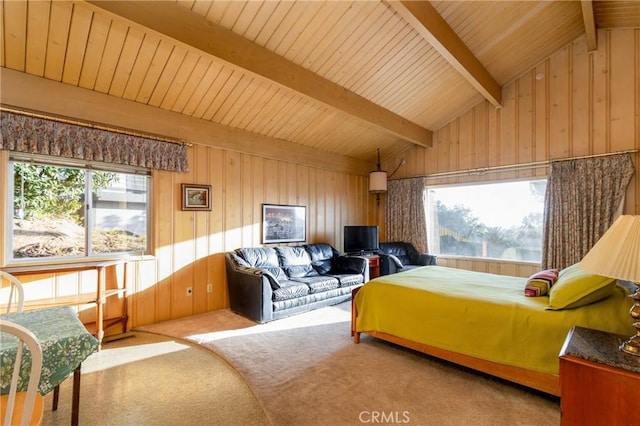 4899 Glenwood Dr, Riverside, CA 92501 - bedroom featuring wooden walls, multiple windows, carpet, and wood ceiling