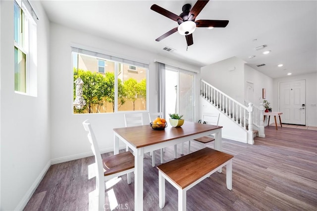 8675 Bay Laurel St, Chino, CA 91708 - dining space with stairway, wood finished floors, ceiling fan, baseboards, and recessed lighting