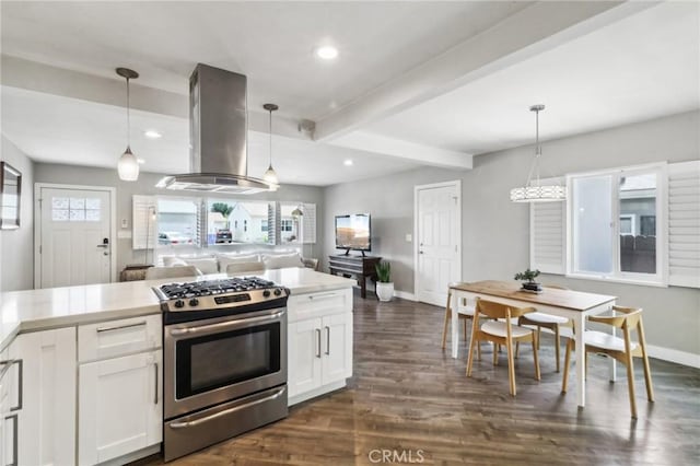 4744 Austin Dr, San Diego, CA 92115 - kitchen with stainless steel range with gas stovetop, island exhaust hood, baseboards, beamed ceiling, and white cabinetry