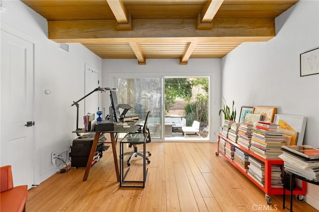 4501 Don Miguel Dr, Los Angeles, CA 90008 - office area featuring wood ceiling with exposed beams and light wood-style flooring