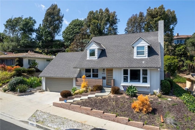 4501 Don Miguel Dr, Los Angeles, CA 90008 - new england style home with a chimney, driveway, roof with shingles, and a garage