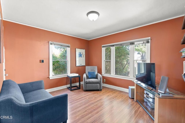 2740 Auburn St, Los Angeles, CA 90039 - living area featuring light wood-style floors, healthy amount of natural light, baseboards, and ornamental molding