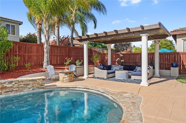 34032 Temecula Creek Rd, Temecula, CA 92592 - view of swimming pool with an outdoor living space with a fire pit, a patio area, and a fenced backyard