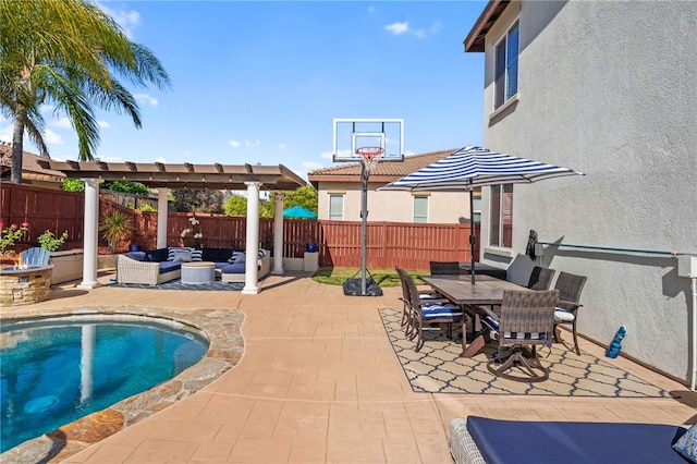 34032 Temecula Creek Rd, Temecula, CA 92592 - fenced backyard featuring a patio, outdoor dining space, and an outdoor living space