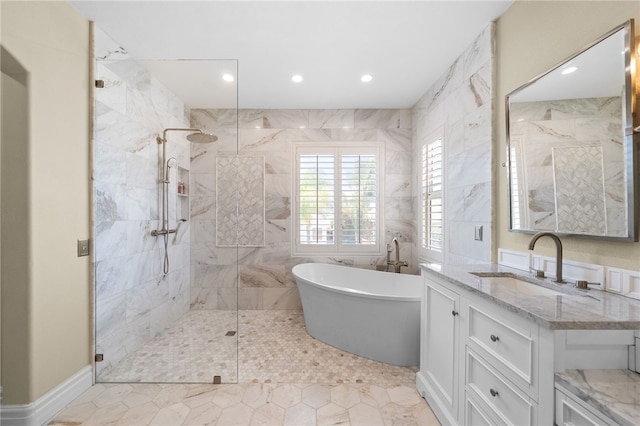 34032 Temecula Creek Rd, Temecula, CA 92592 - full bath featuring a freestanding tub, a marble finish shower, vanity, recessed lighting, and tile walls