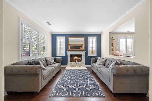 34032 Temecula Creek Rd, Temecula, CA 92592 - living room with crown molding, dark wood-style floors, a glass covered fireplace, and baseboards