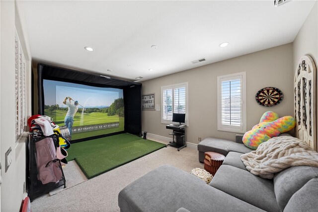 34032 Temecula Creek Rd, Temecula, CA 92592 - game room with golf simulator, carpet flooring, and recessed lighting