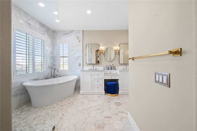 34032 Temecula Creek Rd, Temecula, CA 92592 - bathroom featuring double vanity, a soaking tub, and recessed lighting