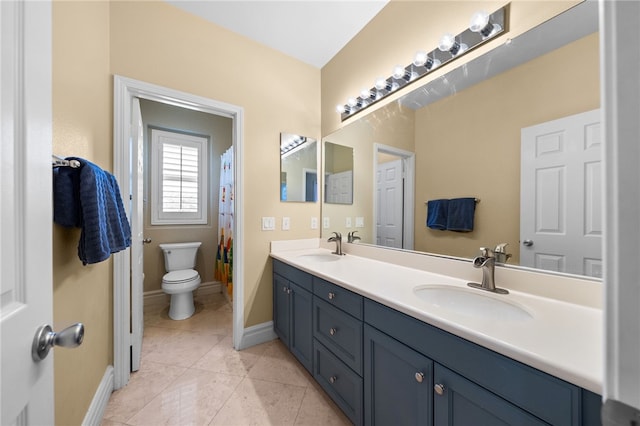 34032 Temecula Creek Rd, Temecula, CA 92592 - full bath with double vanity, baseboards, toilet, tile patterned floors, and curtained shower