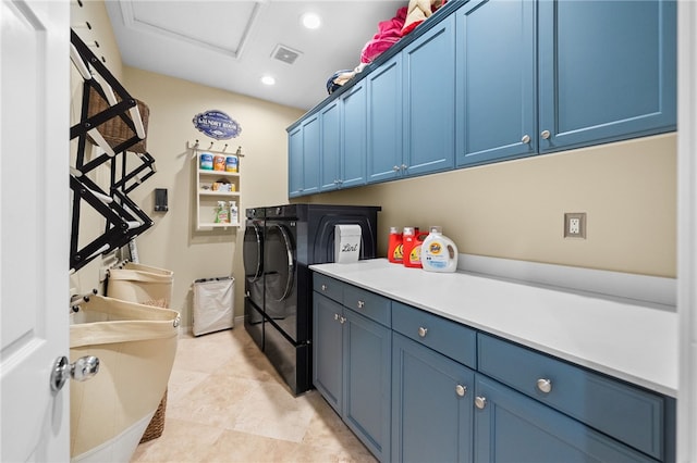 34032 Temecula Creek Rd, Temecula, CA 92592 - washroom featuring washing machine and dryer, cabinet space, recessed lighting, and attic access