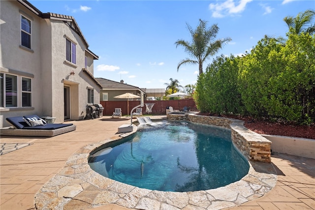 34032 Temecula Creek Rd, Temecula, CA 92592 - view of swimming pool with a patio area, a fenced backyard, an in-ground hot tub, and area for grilling