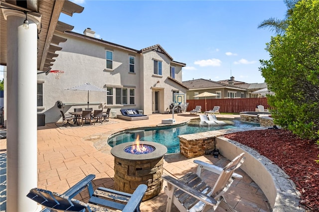 34032 Temecula Creek Rd, Temecula, CA 92592 - view of pool with an outdoor fire pit, a patio area, outdoor dining area, and a pool with connected hot tub