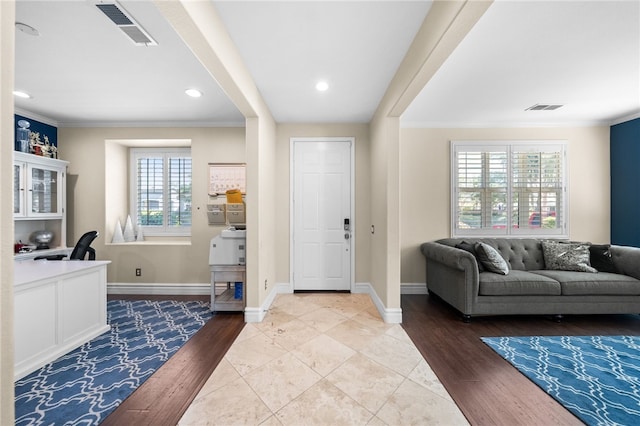 34032 Temecula Creek Rd, Temecula, CA 92592 - entrance foyer with baseboards, crown molding, wood finished floors, and recessed lighting
