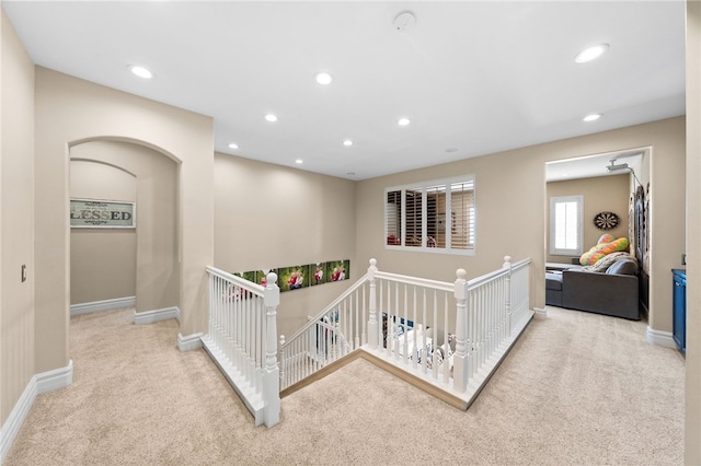 34032 Temecula Creek Rd, Temecula, CA 92592 - hallway featuring an upstairs landing, carpet floors, and recessed lighting