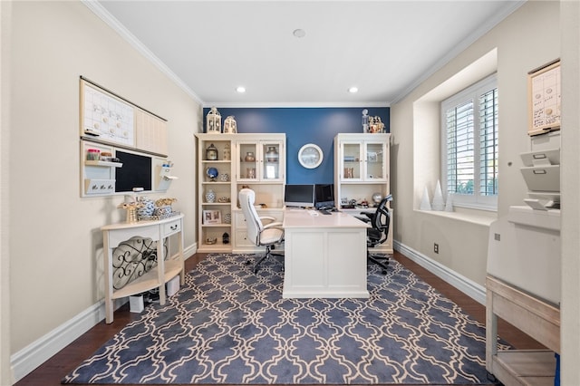 34032 Temecula Creek Rd, Temecula, CA 92592 - office featuring ornamental molding, dark wood finished floors, and recessed lighting