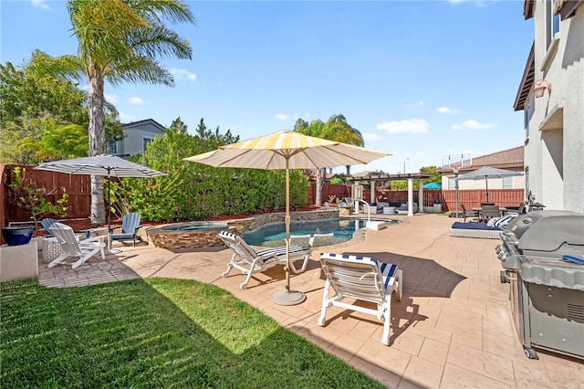 34032 Temecula Creek Rd, Temecula, CA 92592 - fenced backyard featuring an in-ground hot tub, area for grilling, a patio, and a pergola