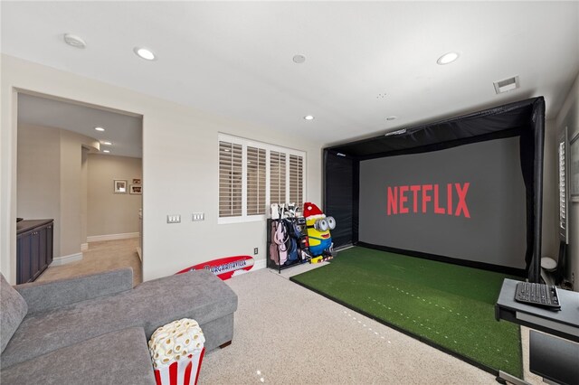 34032 Temecula Creek Rd, Temecula, CA 92592 - game room with golf simulator, carpet, and recessed lighting