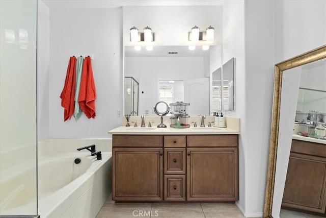 1855 Orizaba Unit 103, Signal Hill, CA 90755 - full bath featuring double vanity, a bath, a shower stall, and tile patterned flooring
