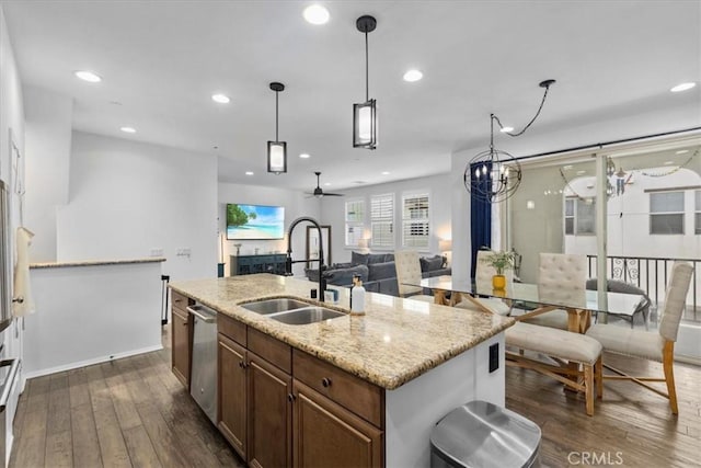 1855 Orizaba Unit 103, Signal Hill, CA 90755 - kitchen featuring dishwasher, a sink, dark wood-style floors, recessed lighting, and pendant lighting