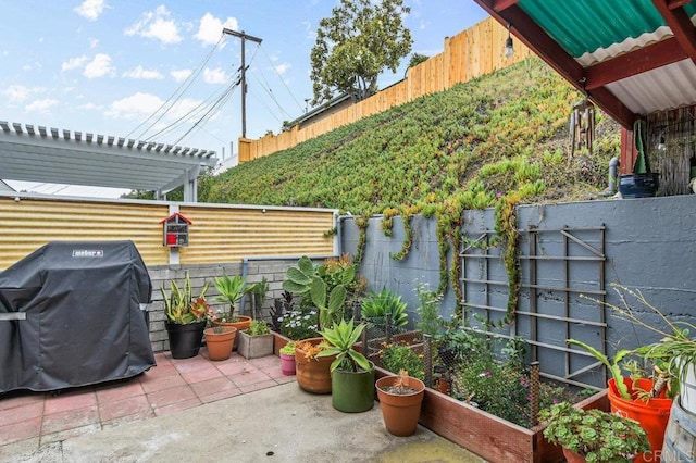 6053 Mohler St, San Diego, CA 92120 - fenced backyard with area for grilling, a patio area, and a pergola