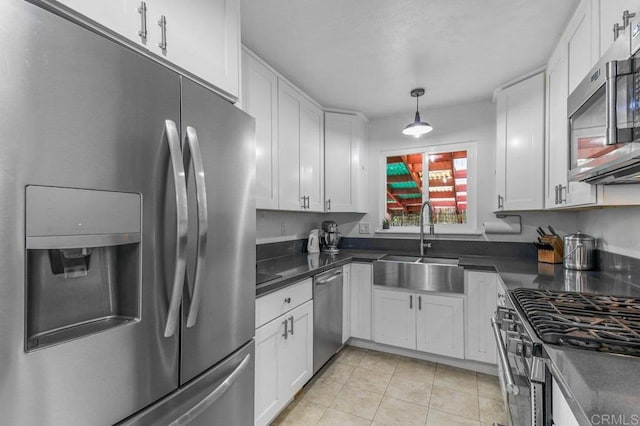 6053 Mohler St, San Diego, CA 92120 - kitchen with stainless steel appliances, dark countertops, white cabinets, and light tile patterned floors