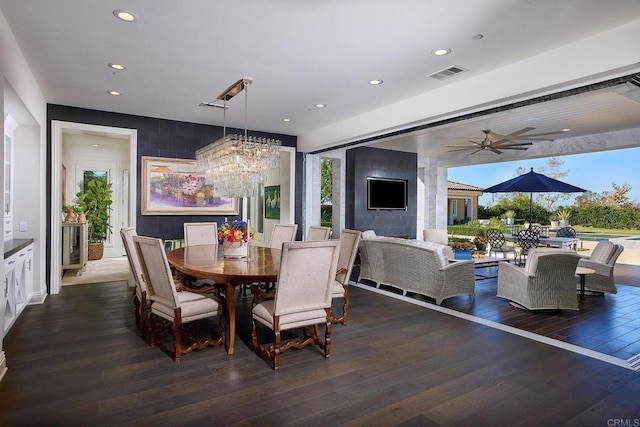 15527 Artesian Ridge Rd, San Diego, CA 92127 - dining area with a chandelier, hardwood / wood-style floors, recessed lighting, and a ceiling fan