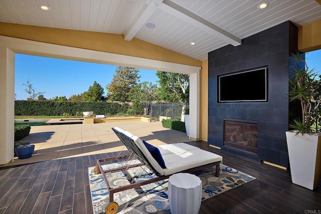 15527 Artesian Ridge Rd, San Diego, CA 92127 - wooden deck featuring a large fireplace and a patio