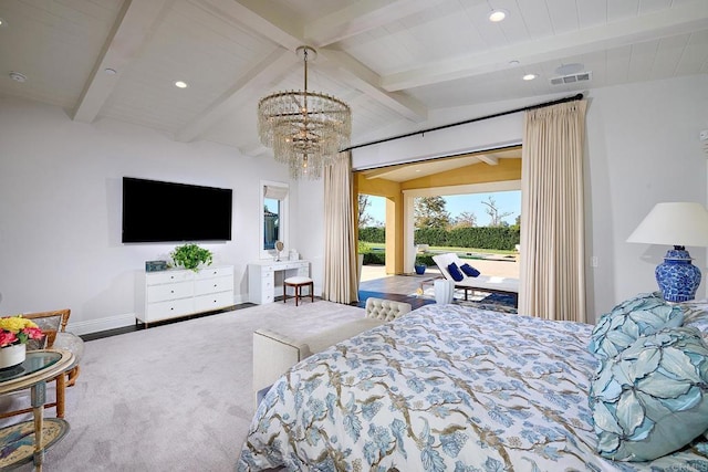 15527 Artesian Ridge Rd, San Diego, CA 92127 - bedroom with access to outside, a chandelier, carpet flooring, recessed lighting, and baseboards