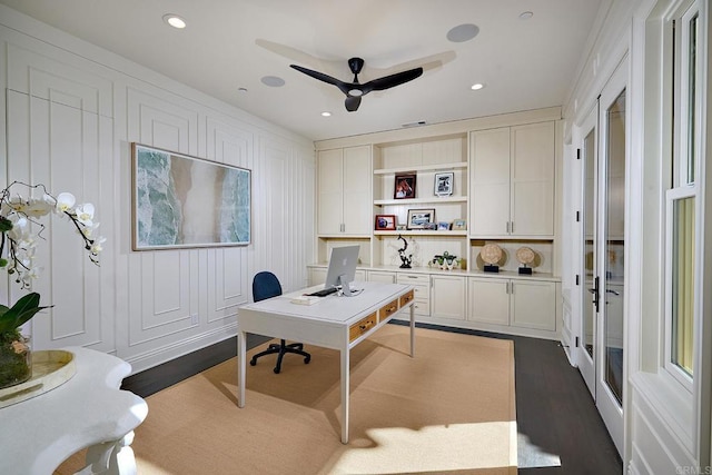 15527 Artesian Ridge Rd, San Diego, CA 92127 - home office with dark wood-style flooring, ceiling fan, and recessed lighting