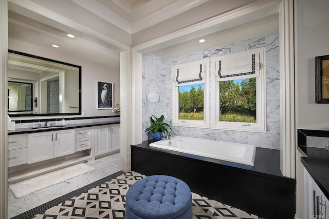 15527 Artesian Ridge Rd, San Diego, CA 92127 - bathroom with inlaid floor details, vanity, a garden tub, and recessed lighting