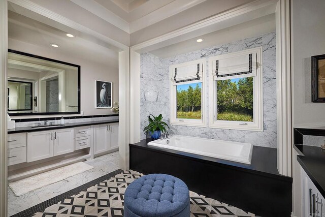 15527 Artesian Ridge Rd, San Diego, CA 92127 - bathroom with inlaid floor details, vanity, a bath, and recessed lighting