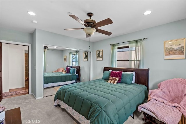 633 Sunnyhill Dr, Los Angeles, CA 90065 - carpeted bedroom featuring a closet, recessed lighting, ceiling fan, and baseboards
