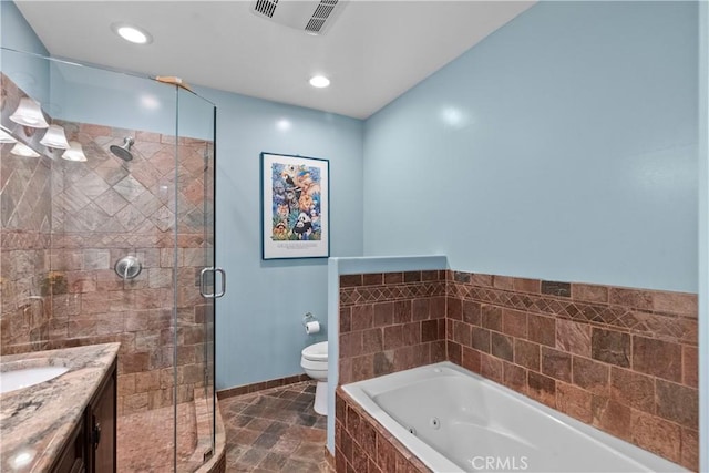 633 Sunnyhill Dr, Los Angeles, CA 90065 - full bathroom featuring toilet, a stall shower, a whirlpool tub, vanity, and baseboards