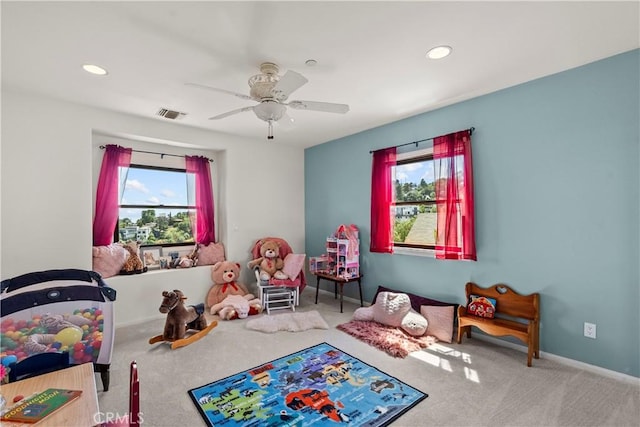 633 Sunnyhill Dr, Los Angeles, CA 90065 - carpeted bedroom featuring multiple windows, recessed lighting, a ceiling fan, and baseboards