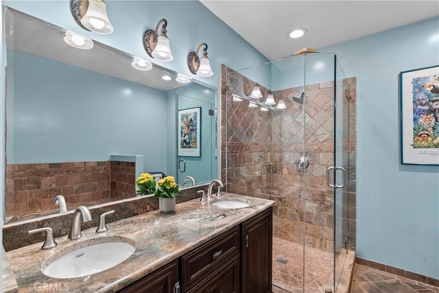 633 Sunnyhill Dr, Los Angeles, CA 90065 - bathroom with a shower stall, double vanity, and tile patterned floors