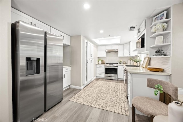 407 E Duarte Rd Unit D, Arcadia, CA 91006 - kitchen featuring stainless steel appliances, under cabinet range hood, a sink, light wood-type flooring, and light countertops