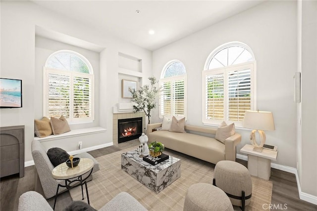 407 E Duarte Rd Unit D, Arcadia, CA 91006 - living area featuring plenty of natural light, wood finished floors, a fireplace, baseboards, and recessed lighting