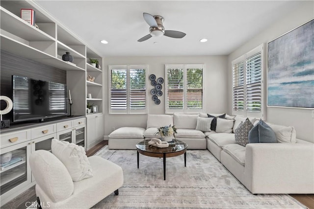 166 Borrego, Irvine, CA 92618 - living room with a ceiling fan, light wood-style floors, and recessed lighting