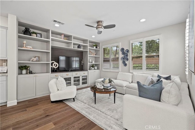 166 Borrego, Irvine, CA 92618 - living room with a ceiling fan, dark wood finished floors, and recessed lighting