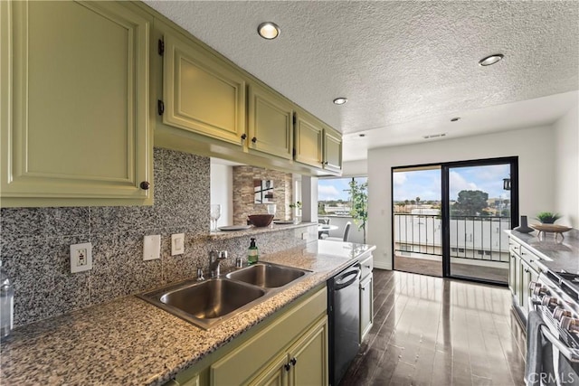 1436 257th St Unit 303, Harbor City, CA 90710 - kitchen featuring dishwasher, gas range, a sink, green cabinets, and dark wood-type flooring