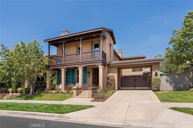 15530 New Park Ter, San Diego, CA 92127 - view of front of home featuring a balcony, stucco siding, a gate, concrete driveway, and a garage