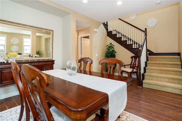 15530 New Park Ter, San Diego, CA 92127 - dining room featuring stairs, dark wood-style floors, and recessed lighting