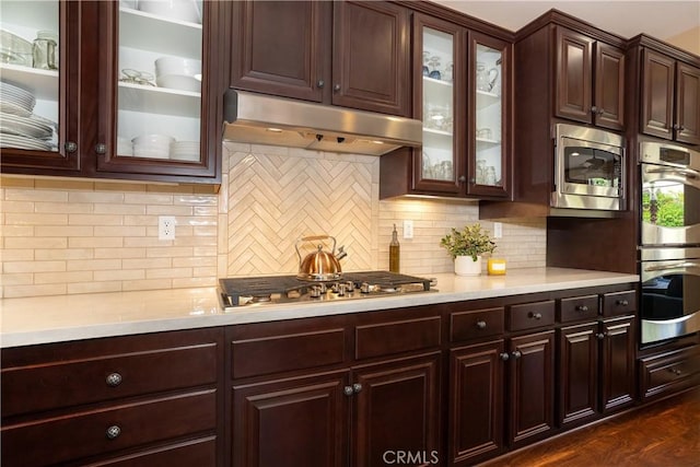 15530 New Park Ter, San Diego, CA 92127 - kitchen with appliances with stainless steel finishes, light countertops, under cabinet range hood, dark brown cabinetry, and tasteful backsplash