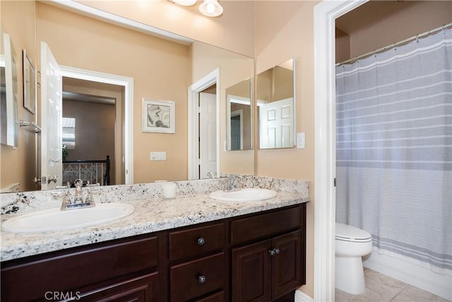 15530 New Park Ter, San Diego, CA 92127 - bathroom featuring double vanity, toilet, tile patterned flooring, and curtained shower